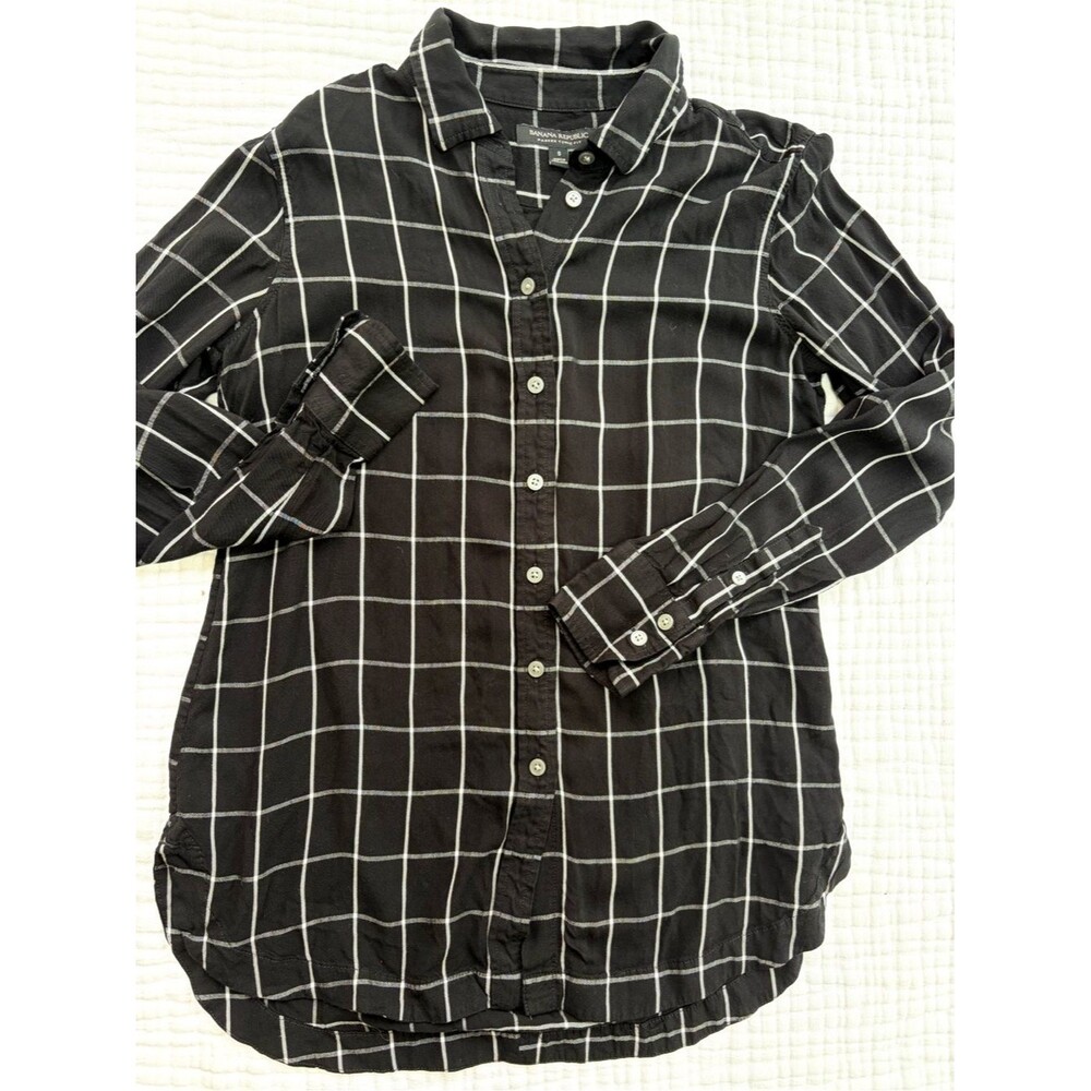 Banana Republic Parker Tunic Fit Black Windowpane Button Shirt S